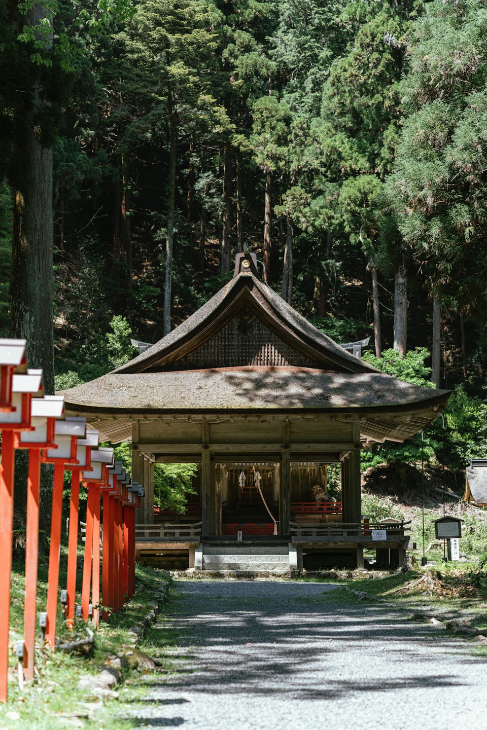 森の砂利道の先に木造のお寺が建っている。